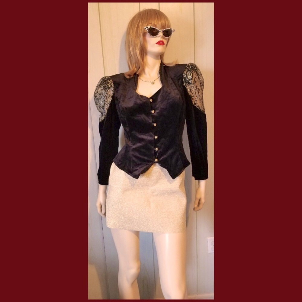 VTG 80s Gothic Disco Black Velvet & Metallic Gold Lace Button-down Jacket Top